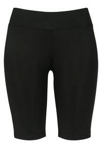 Svarta cykelshorts med en slät textur, hög midja och knälång klippning. Har en sömlös midjeband för komfort.
