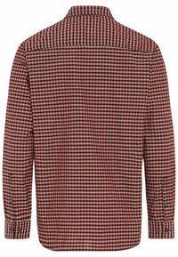 Red and black checked long-sleeve shirt, featuring a button-down collar and cuff buttons, with a smooth, woven texture.