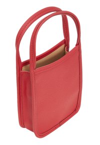 Borsa a spalla in pelle rossa con superficie texturizzata, dotata di due manici corti e apertura superiore, con interno beige.