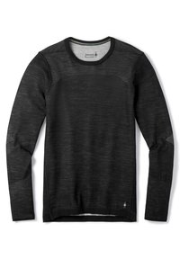 Camisa negra de manga larga hecha de una mezcla de lana texturizada, con un cuello redondo y sutiles acentos a rayas en el cuello y las mangas.