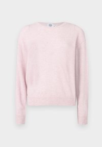 Pulover roz deschis cu guler rotund, mâneci lungi și tiv ribbat. Fabricat dintr-un material moale, cu o finisare ușor texturată.