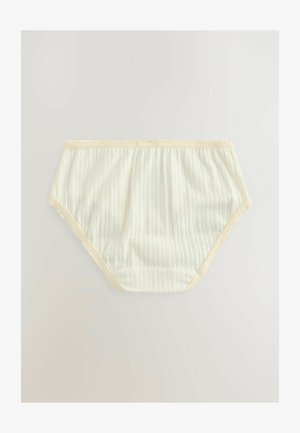 Helle gelbe gerippte Baumwollunterwäsche mit einem weichen elastischen Bund und Spitzendetails, die ein einfaches, nahtloses Design und keine sichtbaren Verschlüsse aufweist.