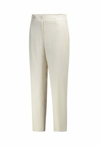 Ivory cropped broek gemaakt van ribbelstof, met een standaard tailleband, riemlussen en een subtiele logo aan de zijkant.