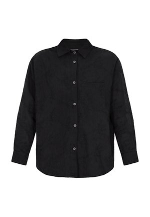Schwarzes Langarmhemd mit Kragen, vorderer Knopfleiste, einer einzelnen Brusttasche und subtil strukturiertem Muster.