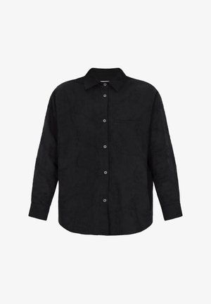 Schwarzes Langarmhemd mit Kragen, vorderer Knopfleiste, einer einzelnen Brusttasche und subtil strukturiertem Muster.