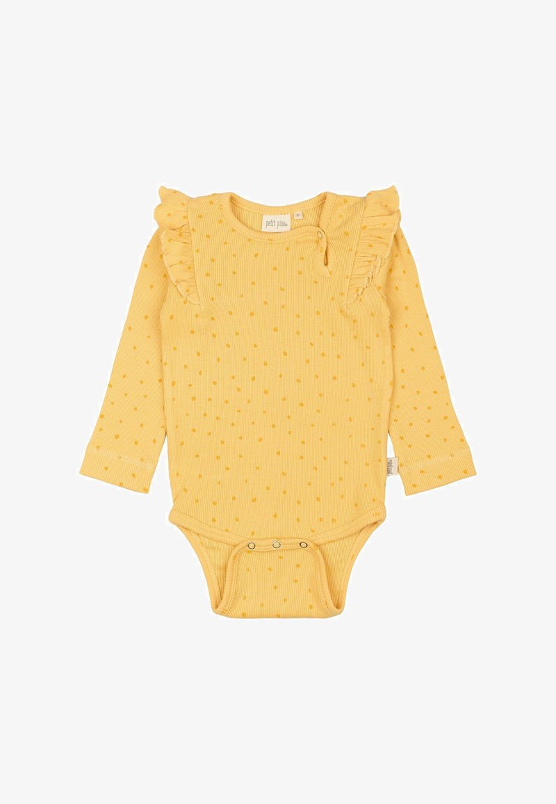 Dzeltena garā piedurkne bērnu bodijsakava, izgatavota no ribota auduma ar punktiņiem, ar svārku detaļām uz pleciem un snap aizdari apakšā.