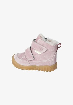 Roze suède kinderlaarzen met een bontvoering, twee klittenbandsluitingen en een rubberen zool met een geprofileerde zool voor grip.