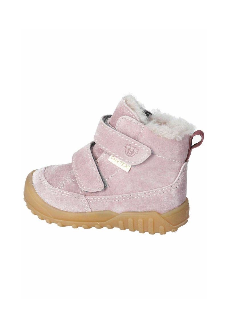Stivali per bambini in suede rosa con fodera in pelliccia, due cinturini in Velcro e suola in gomma con battistrada testurizzato per una migliore aderenza.