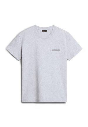 Grijze katoenen t-shirt met korte mouwen, ronde halslijn en een klein logo-embleem op de linkerborst. Zachte textuur met een relaxte pasvorm.