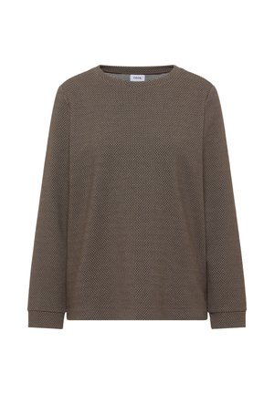 Brązowa, teksturowana bluzka z długim rękawem, okrągłym dekoltem i prążkowanymi mankietami. Całość ozdobiona subtelnym wzorem. Metka z nazwą marki widoczna przy dekolcie.