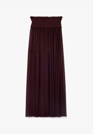 Bordeaux maxi rok van doorschijnende stof met een gerimpelde tailleband, voorzien van gelaagde plooien voor een vloeiende silhouet.