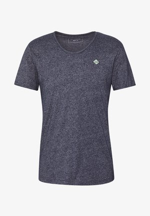 Dunkelgraues, meliertes T-Shirt mit kurzen Ärmeln und Rundhalsausschnitt, mit kleinem hellgrünem Logo auf der linken Brust.