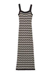 Abito con motivo zigzag in bianco e nero, scollatura quadrata e spalline spesse, realizzato in un tessuto a maglia testurizzata, silhouette aderente.
