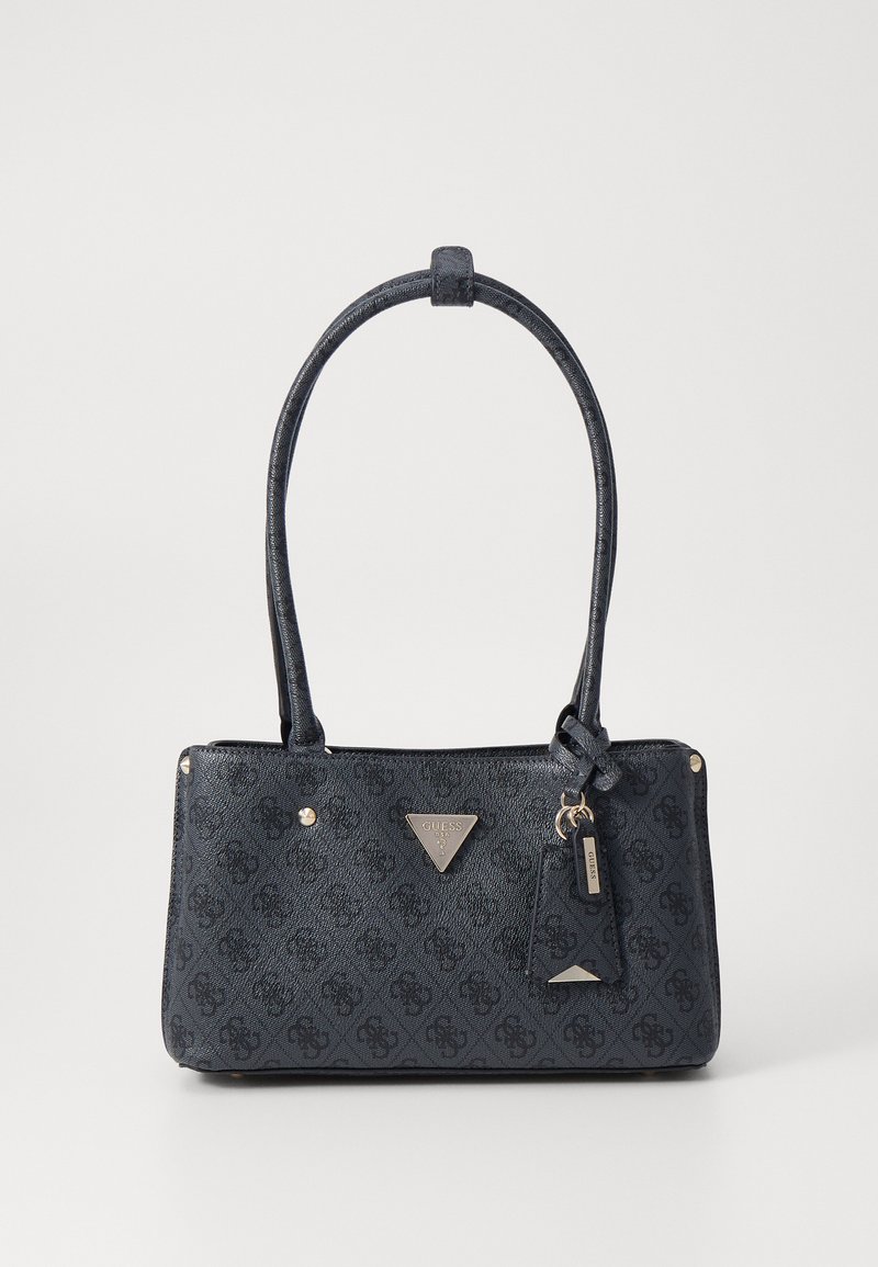 Borsa in sintetico blu navy con finitura testurizzata, caratterizzata da un logo triangolare, dettagli in metallo dorato e un'etichetta rimovibile.
