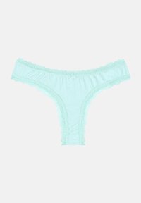 Mintgroene kanten string met een gegolfde rand en een centrale strikdetail. Gemaakt van zachte, rekbare stof voor een comfortabele pasvorm.
