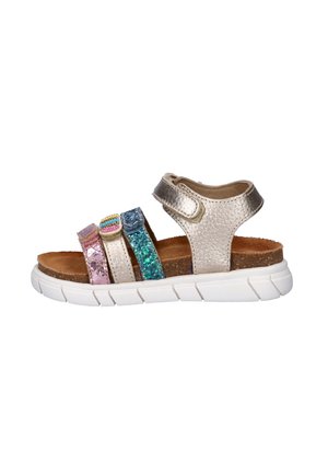 Children's sandal with metallic gold ankle strap, multi-colored glittery toe straps, cork footbed, and white rubber sole.