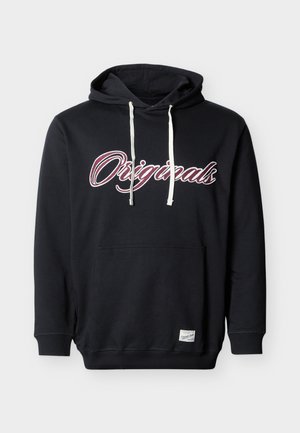 Fekete kapucnis pulóver fehér zsinórokkal, a mellkason nagy, "Originals" felirat díszes betűkkel, és egy kis, téglalap alakú címke a szegély közelében.