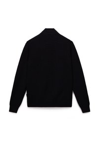 Maglione nero a maglia con colletto a costine, maniche lunghe e vita aderente; texture liscia, senza motivi visibili o dettagli di design.