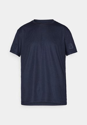 Marineblaue Kurzarm-T-Shirt mit Rundhalsausschnitt und dezent strukturiertem Stoff. Mit einem kleinen "B"-Logo auf dem linken Ärmel.