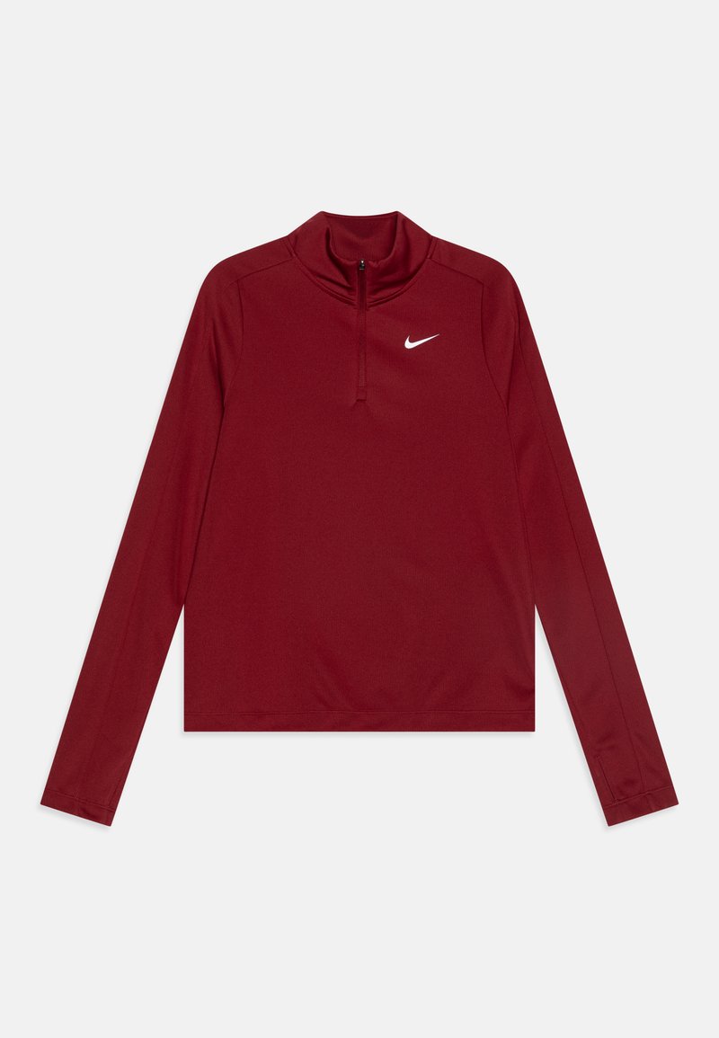 Bordeauxfarbener langärmeliger Performance-Oberteil mit Reißverschluss-Kragen, das ein kleines weißes Nike-Logo auf der linken Brust und eine glatte Stoffoberfläche bietet.