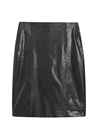 Schwarzer Rock aus Kunstleder mit glatter, glänzender Oberfläche, in einer eleganten A-Linien-Form und vertikalen Nähten für einen modernen Look.