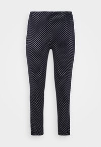 Marineblaue Leggings mit weißen Punkten, elastischem Bund, figurbetontem Design, aus dehnbarem Material für Komfort und Bewegungsfreiheit.