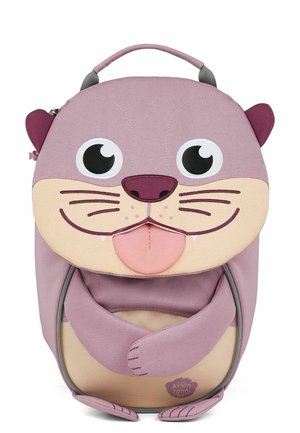 Purple and beige backpack featuring a playful otter design with large eyes, a smiling mouth, and outstretched arms. Made of durable fabric.