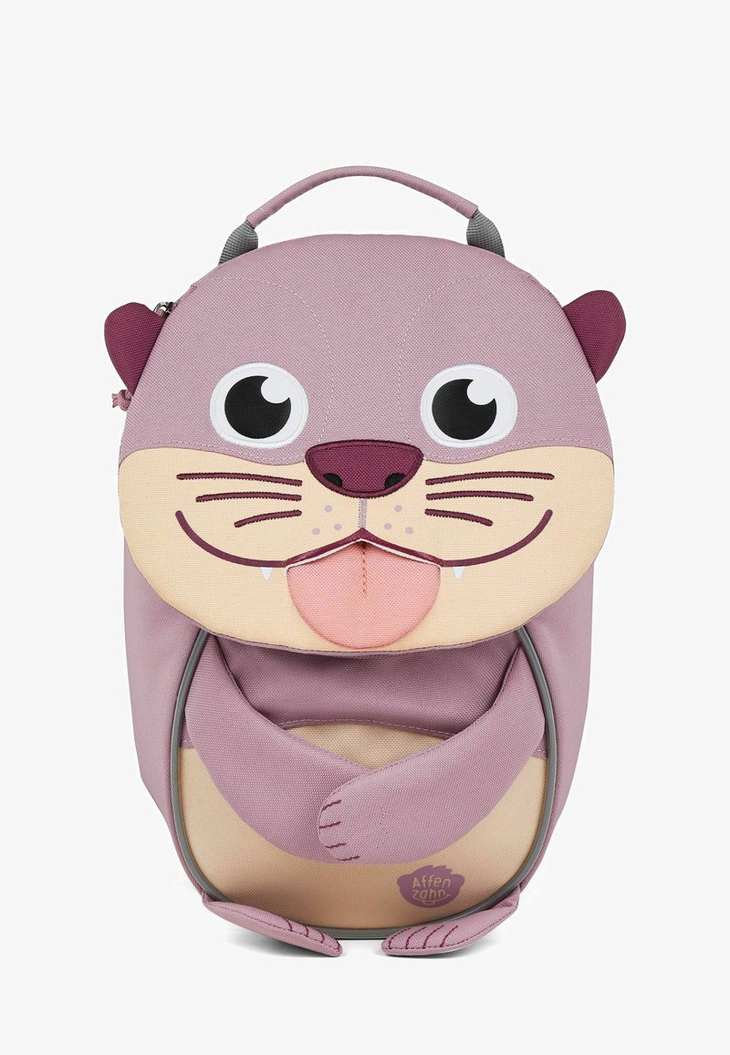 Lila und beige Rucksack mit einem verspielten Otterdesign, großen Augen, einem lächelnden Mund und ausgestreckten Armen. Hergestellt aus strapazierfähigem Stoff.