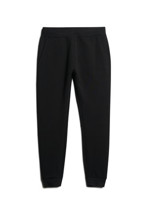 Pantalons de survêtement noirs en tissu doux, avec une conception de poignet ajusté, deux poches latérales et un logo discret sur la ceinture.