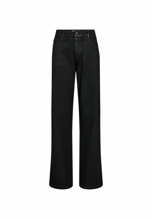 Jeans negre, cu picioare largi, din denim, având fermoar și închidere cu buton, cinci buzunare și o textură netedă.