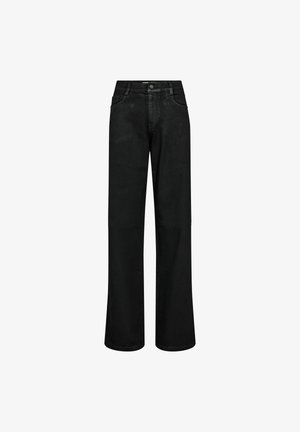 Vaqueros negros de pierna ancha hechos de denim, con cremallera y cierre de botón, cinco bolsillos y una textura suave.