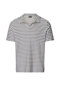 Polo a righe con scollo a V, caratterizzato da strisce orizzontali alternate blu navy e bianche, realizzato in un tessuto a maglia texturizzata.