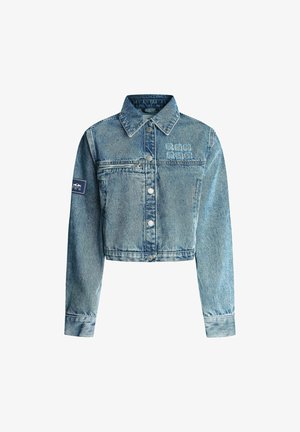 Gekürzte Jeansjacke in Hellblau. Mit klassischem Kragen, Knopfleiste und besticktem Detail auf der Brust und dem Ärmel.
