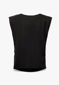 Top negro con un corte holgado, escote redondeado y mangas cortas. Hecho de tela suave, con un dobladillo ligeramente curvado. Sin patrones visibles ni elementos metálicos.