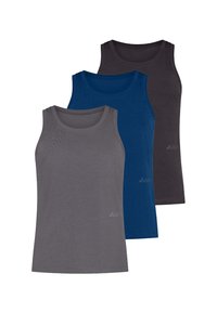 Tre canotte senza maniche in grigio, blu e grigio scuro, disposte a strati su uno sfondo bianco.