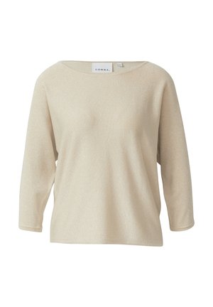 Beżowa bluzka z długim rękawem i dekoltem w łódkę. Wykonana z błyszczącego materiału, charakteryzuje się luźnym krojem i minimalistycznymi przeszyciami.