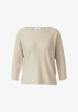 Beżowa bluzka z długim rękawem i dekoltem w łódkę. Wykonana z błyszczącego materiału, charakteryzuje się luźnym krojem i minimalistycznymi przeszyciami.