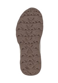 Brown rubber shoe sole with a textured tread pattern, featuring deep grooves and triangular accents for traction.