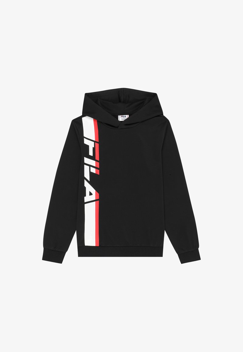 Sweat à capuche noir avec le logo FILA en lettres blanches sur une bande verticale rouge et blanche le long du côté gauche, manches longues et capuche.