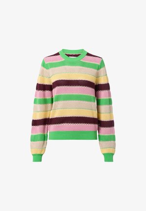 Gebreide pullovertrui met meerkleurige strepen in groen, roze, geel en bordeauxrood. Beschikt over een geribde halslijn en een gestructureerde stof.