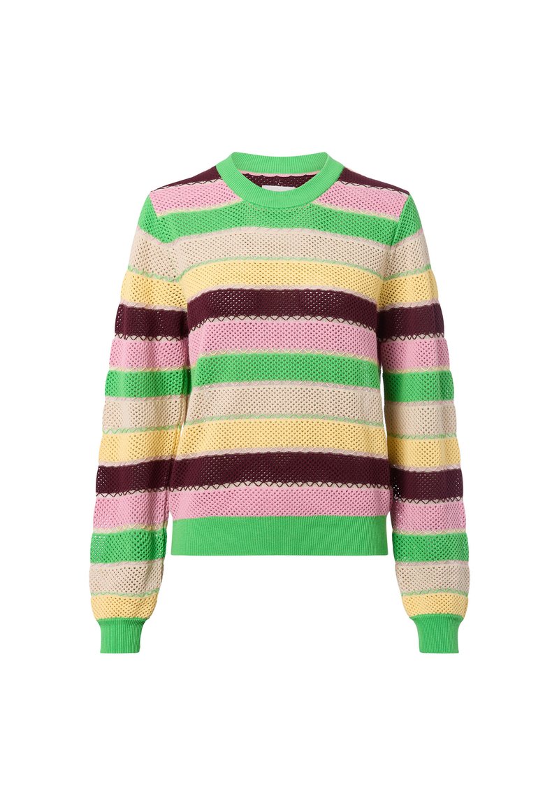 Pull en tricot à rayures multicolores dans des tons de vert, rose, jaune et bordeaux. Doté d'un col côtelé et d'un tissu texturé.