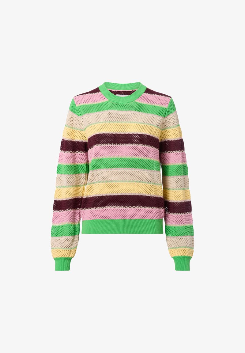 Pull en tricot à rayures multicolores dans des tons de vert, rose, jaune et bordeaux. Doté d'un col côtelé et d'un tissu texturé.