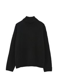 Pull noir avec un col montant côtelé, offrant une coupe ample, des poignets et un ourlet côtelés. Confectionné dans un matériau doux et texturé. Vue de dos présentée.