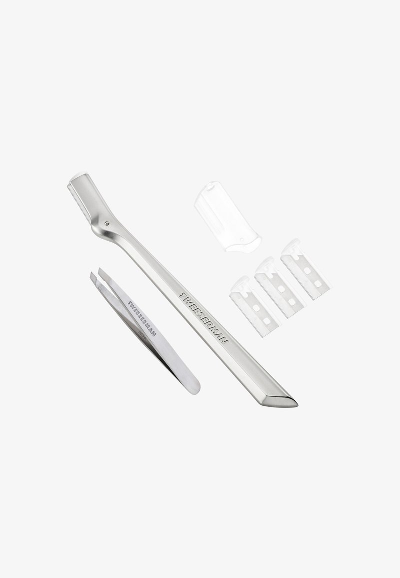 Stainless steel eyebrow razor with protective cover, angled tweezer with slanted tips, and three replacement razor blades.