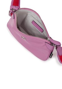 Pink leather crossbody bag with silver zipper, a soft interior, and a fabric strap featuring red and purple stripes. Interior label visible.