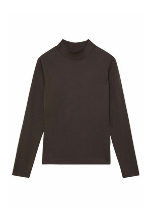 Langärmliges Rollkragentop in Dunkelbraun, aus glattem, dehnbarem Baumwollstoff mit figurbetontem Schnitt und minimalen Nähten.