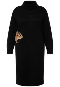 Vestito in maglia nera con collo alto. Presenta un grande volto di animale in tonalità beige e marrone ricamato sul lato sinistro. Vestibilità ampia e maniche lunghe.