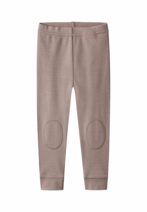 Einfache, taupefarbene Kinderleggings mit verstärkten ovalen Kniepatches und elastischem Bund, flach auf weißem Hintergrund präsentiert.