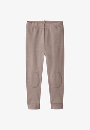 Einfache, taupefarbene Kinderleggings mit verstärkten ovalen Kniepatches und elastischem Bund, flach auf weißem Hintergrund präsentiert.