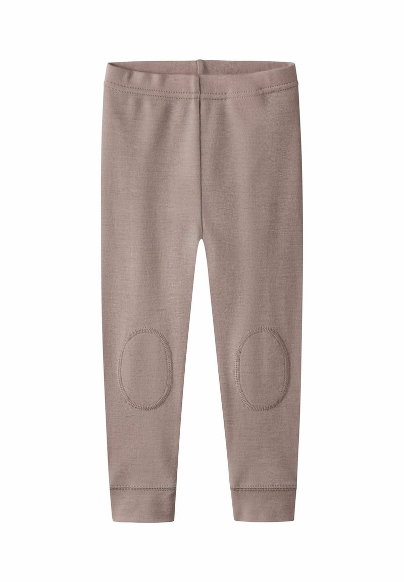 Leggings pour enfants de couleur taupe uni avec des genoux ovales renforcés et une taille élastique, présentés à plat sur fond blanc.